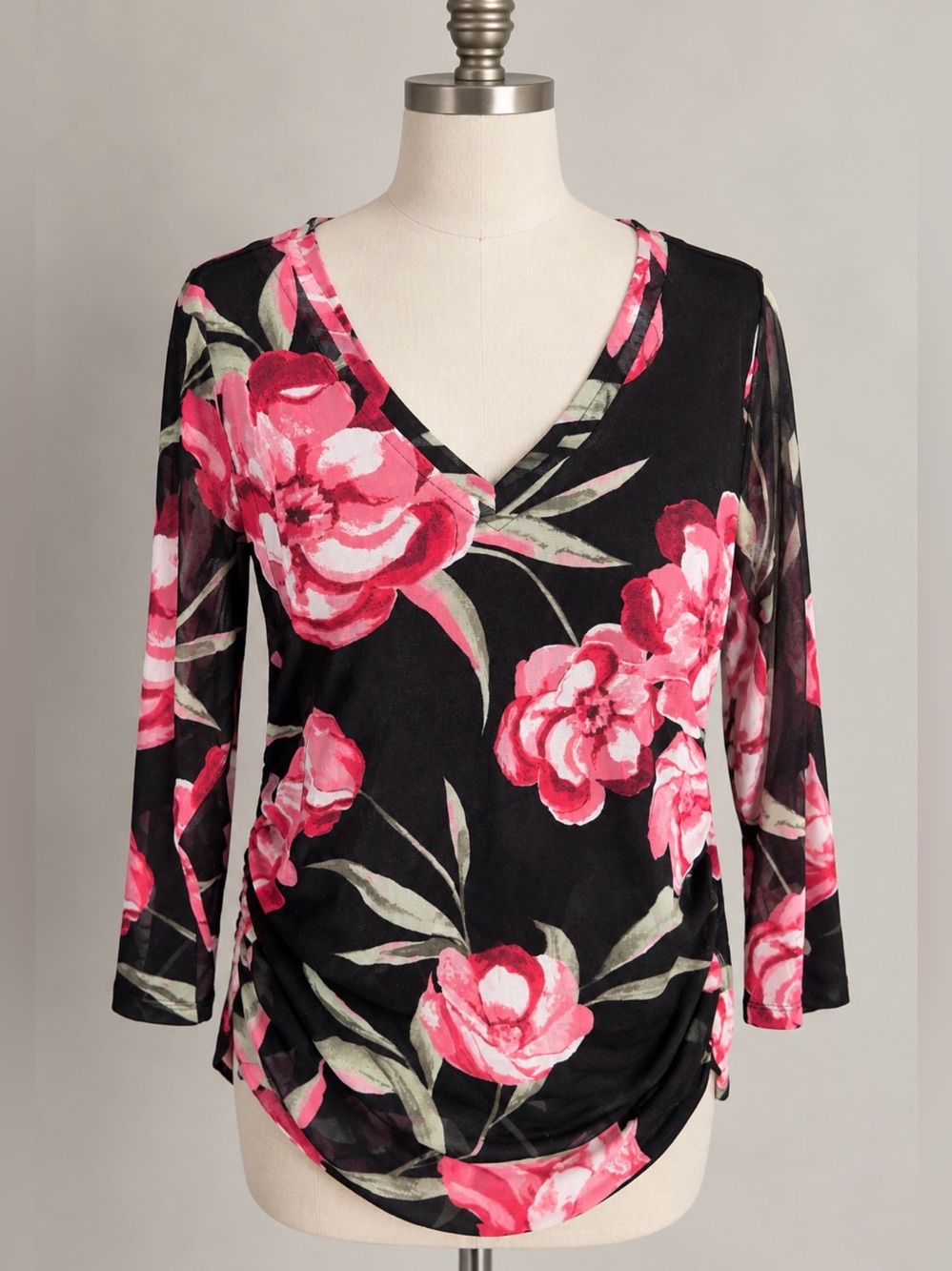 INC International Concepts Floral V-Neck Blouse Women’s XXL Black Pink